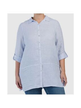 TAHARI ESSENTIAL Light Blue 100% Linen Button Down Shirt Tunic Top Women Small